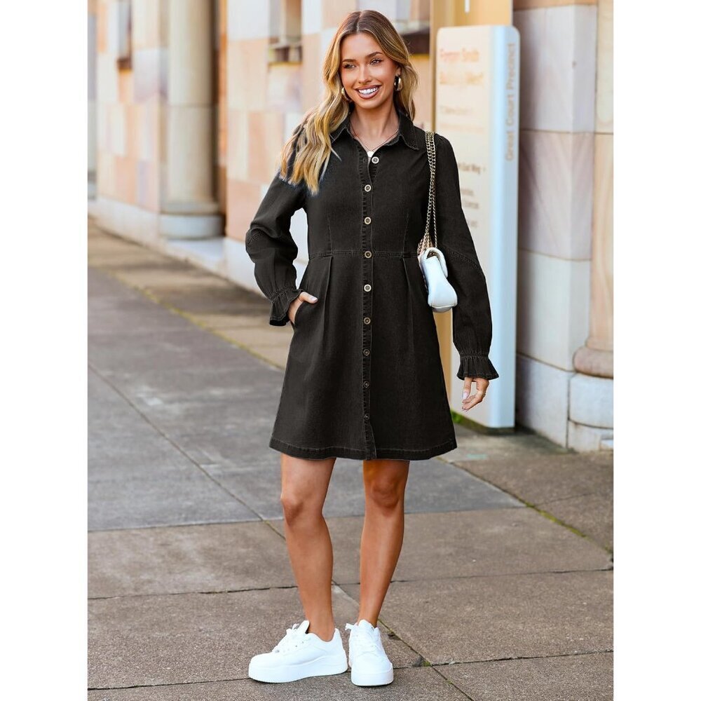 Women's Denim Dress Long Sleeve Mini Casual Button Pockets 2025 Fall - Picture 6 of 6
